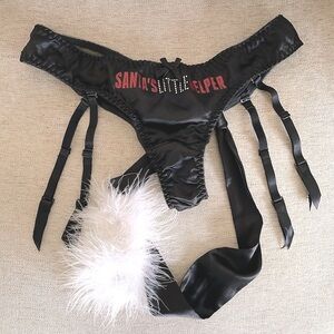 NWT Victoria’s Secret black garter panty SANTA help pompom sheer rhinestone M